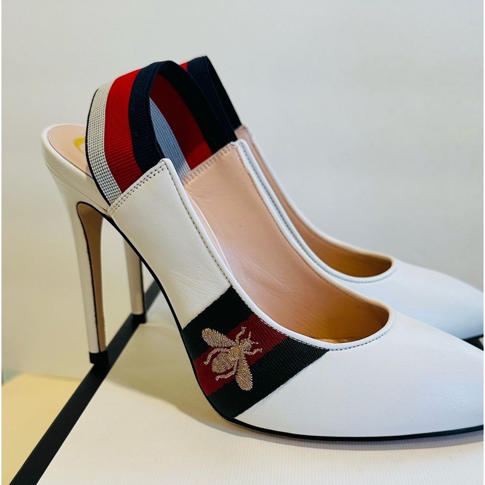 Gucci Sylvie Leather Slingback Pumps with Bee in White 36.5 - Picture 14 of 16